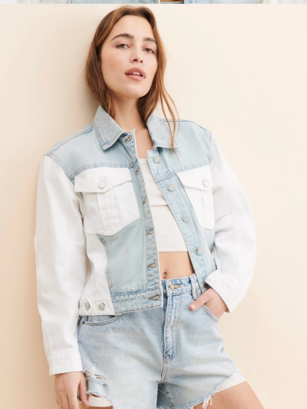 Blank NYC Light Blue and White Cropped Two-Tone Denim Jacket